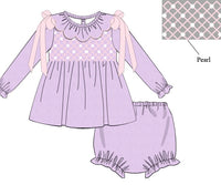PRE ORDER Girls Smocked Lavender Swiss Dot Pretty as a Pearl Bloomer Set & Dress | ETA to LBS: NOVEMBER