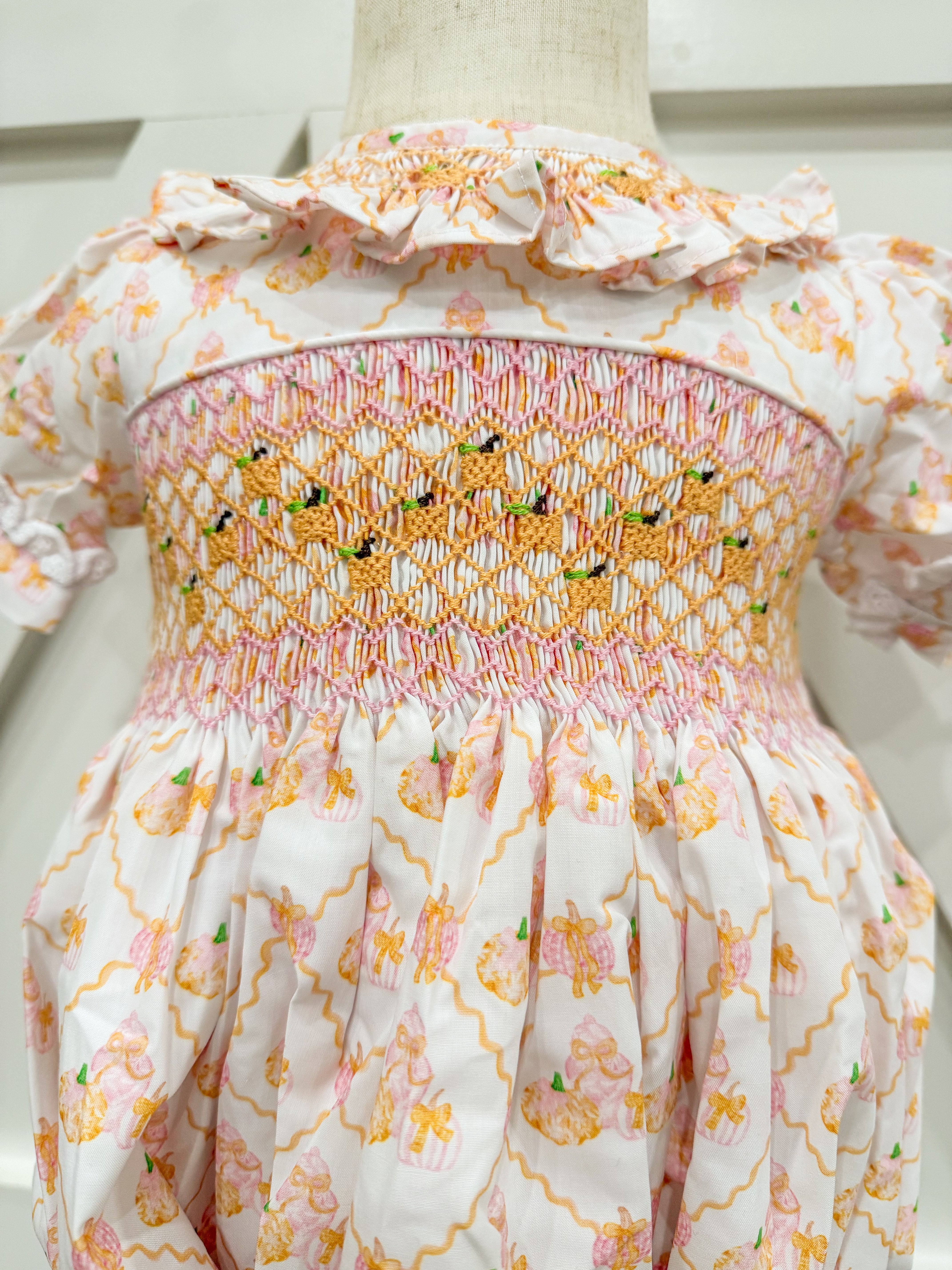 Girls Pumpkin Heirloom Smocked Bubble