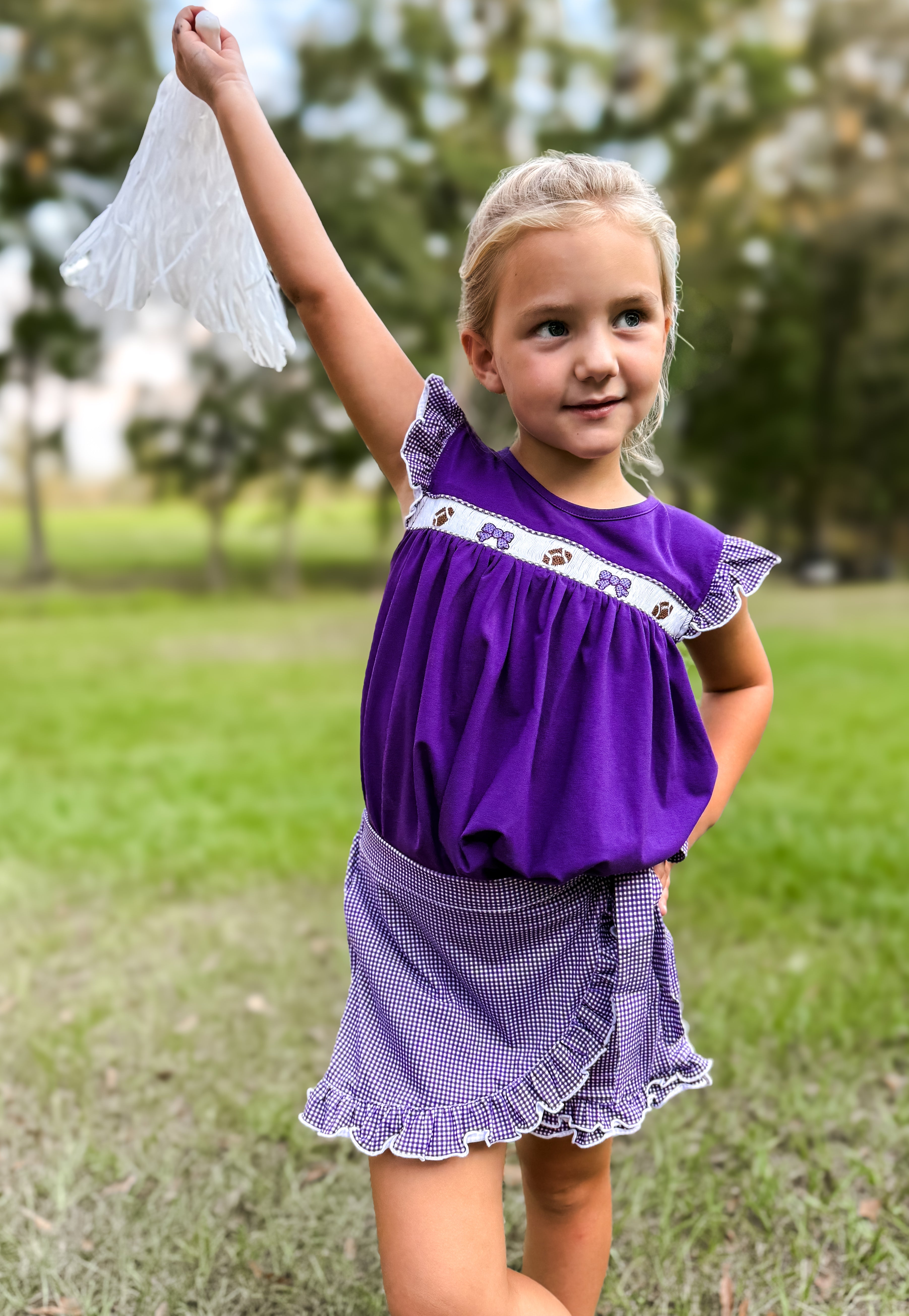 Purple Smocked Footballs and Bows Tie Skort