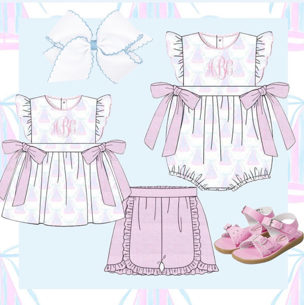 Girls Sailboat Print Bubble “E” Embroidered