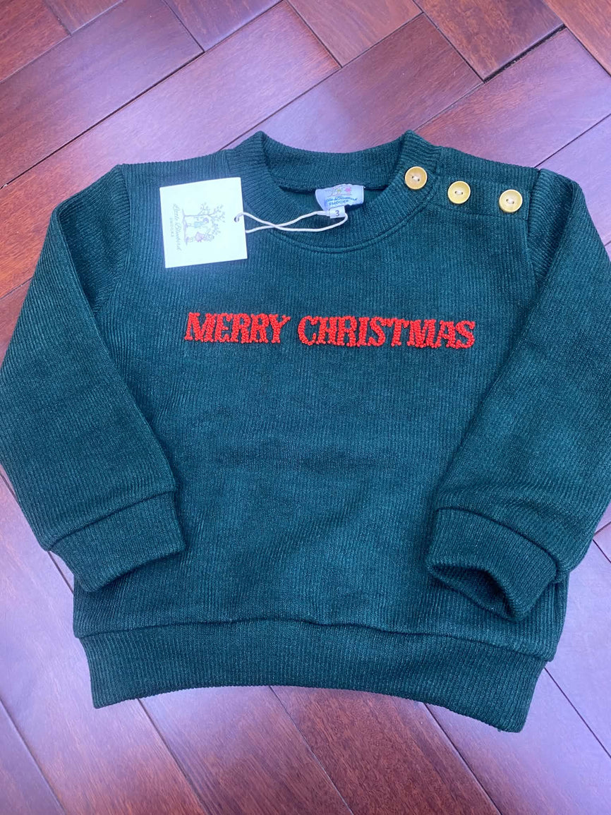 Boys Green “Merry Christmas” French Knot Sweater