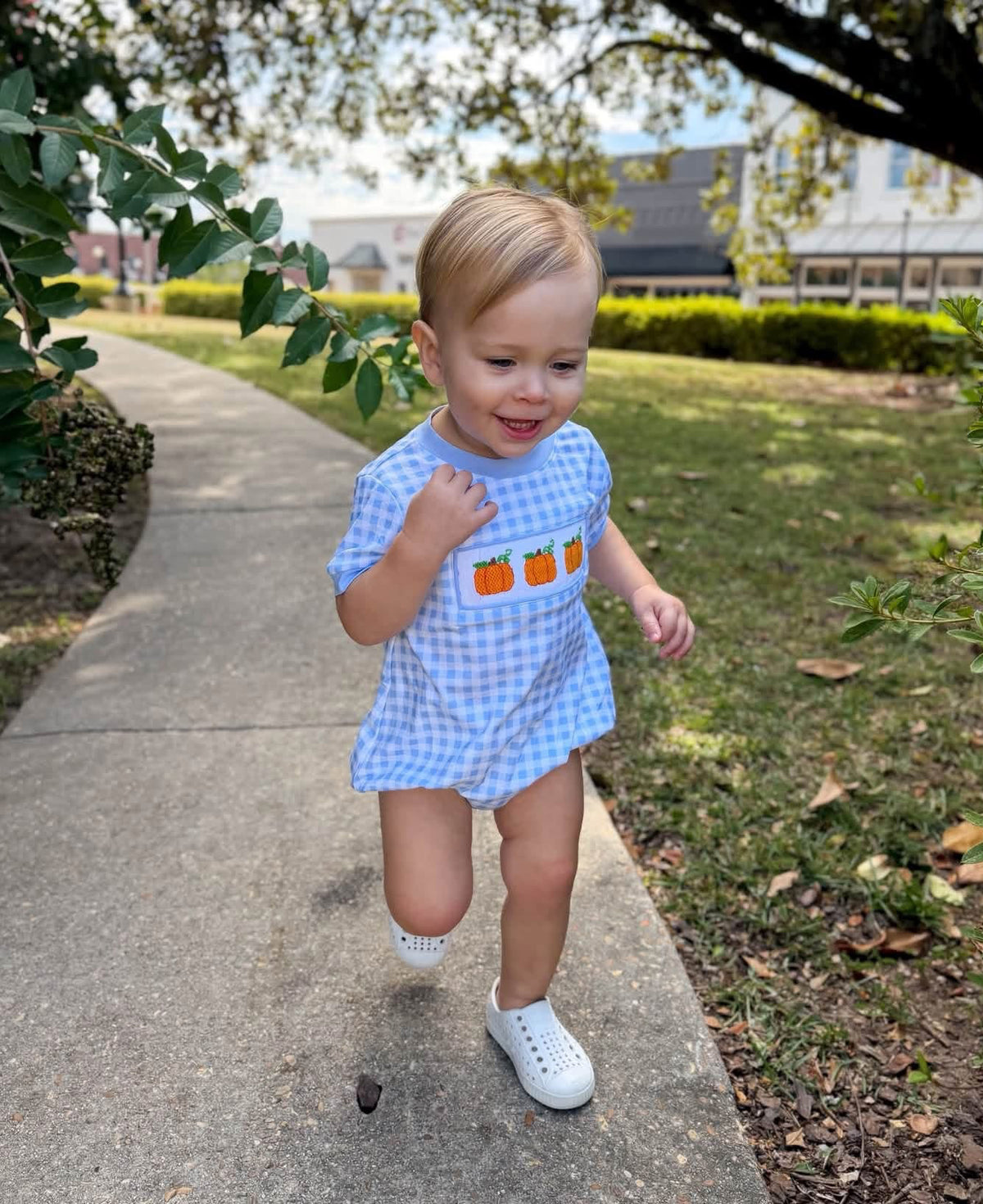 Boys Smocked Gingham Pumpkins Bubble