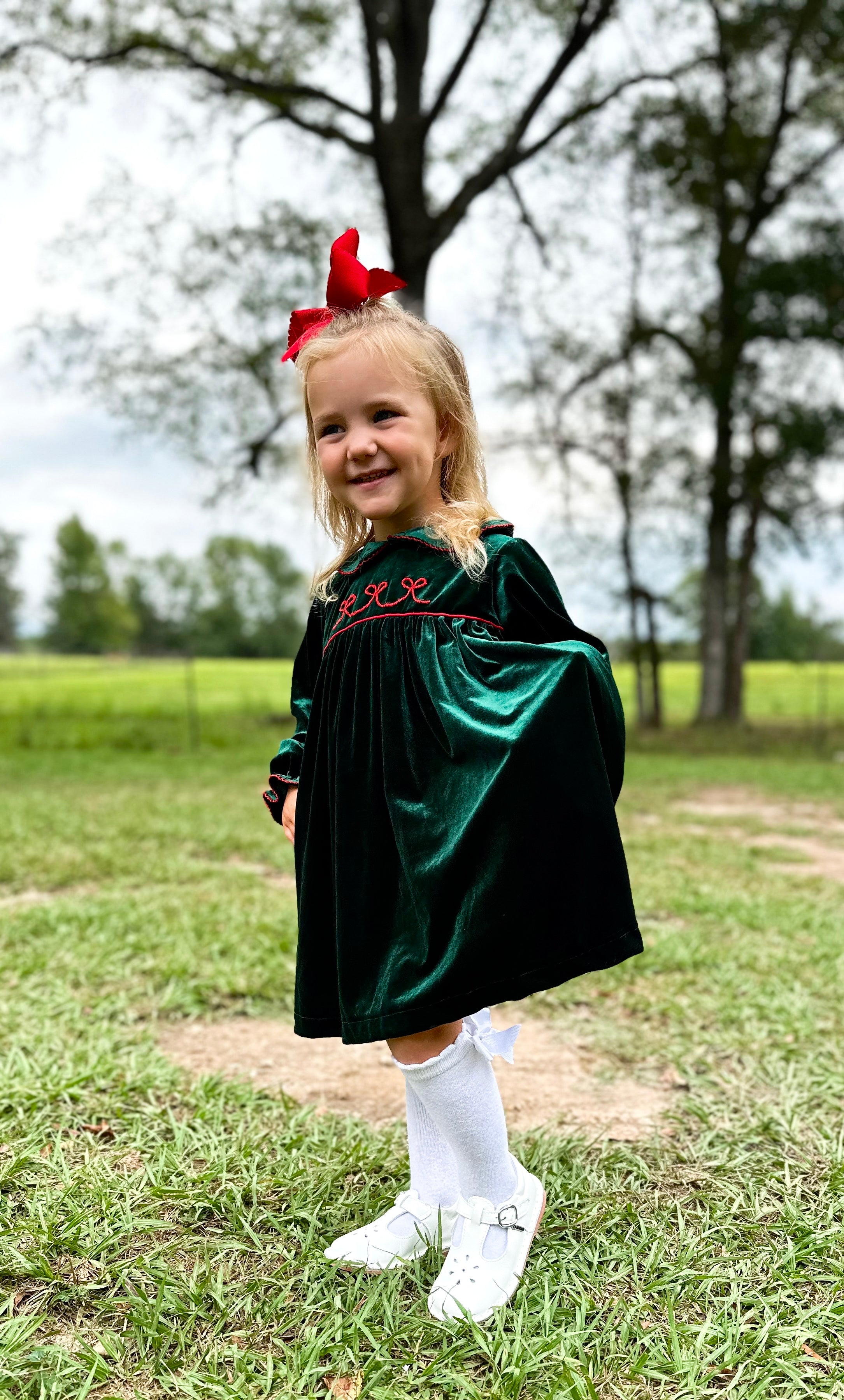 Girls Green Velvet Bow Embroidered Bloomer Set/ Dress RTS