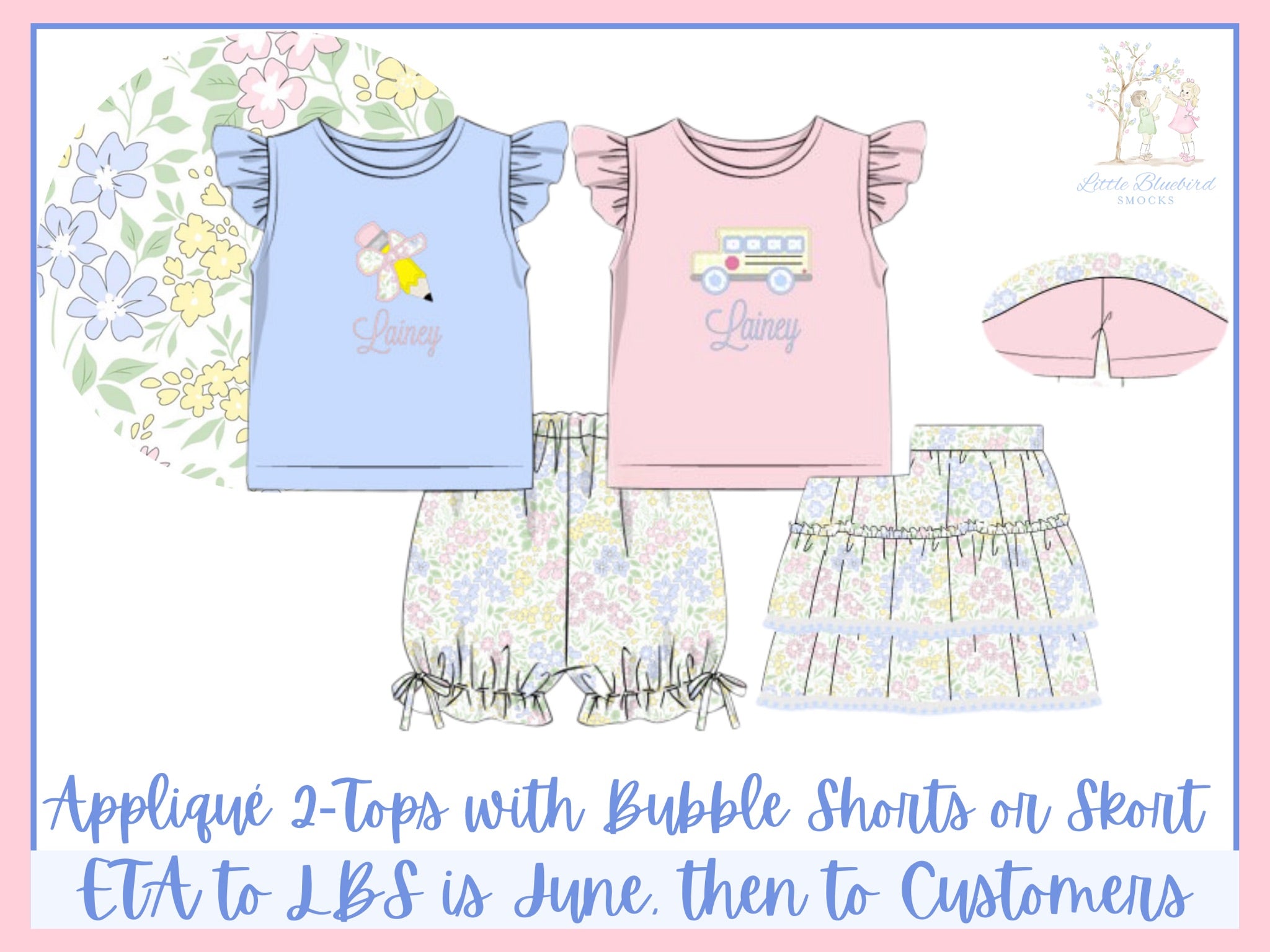 Girls Appliqué 2-Tops School Floral Skort Set