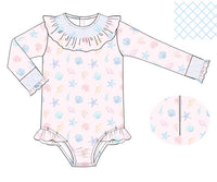 PRE ORDER Girls Sally Sells Seashells Smocked Rashguard One Piece UPF 50+ | ETA to LBS: APRIL