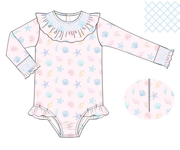 PRE ORDER Girls Sally Sells Seashells Smocked Rashguard One Piece UPF 50+ | ETA to LBS: APRIL