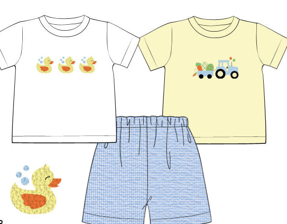 PRE ORDER Boys French Knot Rubber Ducks and Embroidered Easter Tractor Interchangeable Tops Short Set | ETA to LBS: LATE FEBRUARY