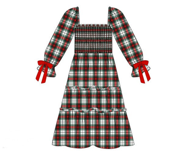 Womens Tartan Plaid Smocked Dress