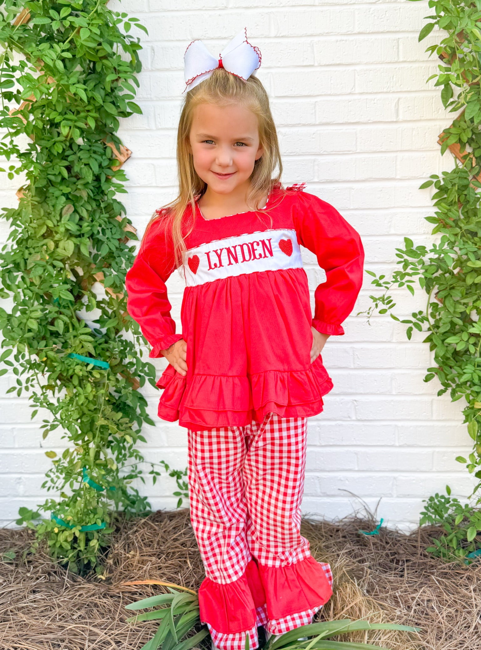 Girls Gingham French Knot Hearts, Embroidered XOXO Ruffle Pant Set