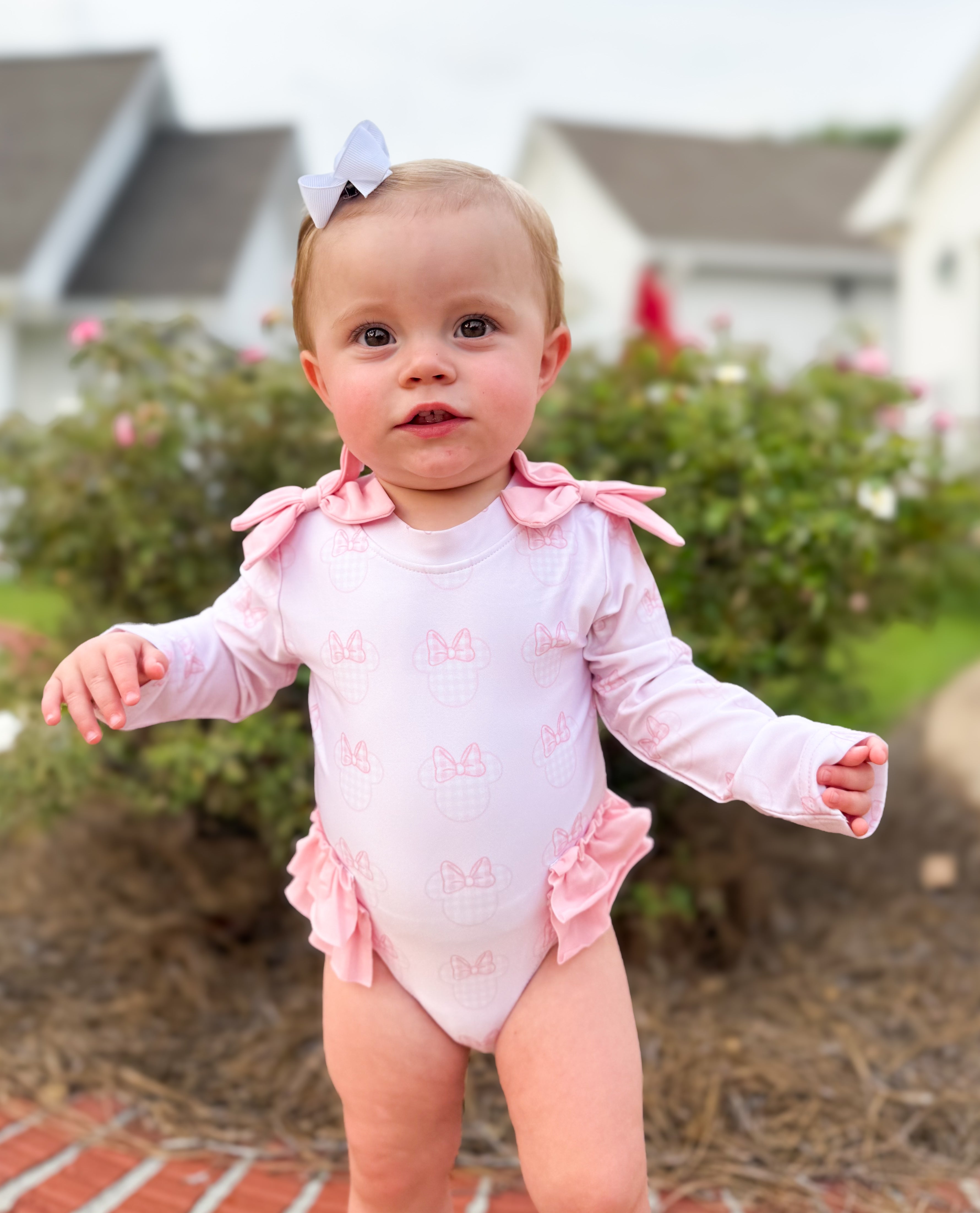 Girls Gingham Mouse Long Sleeve Rashguard Swimsuit- UPF 50+
