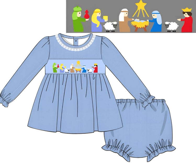 Girls Smocked Nativity Corduroy Bloomer Set