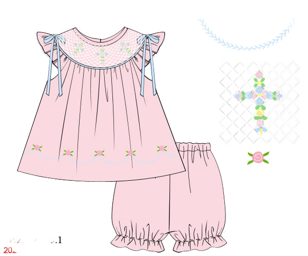 PRE ORDER Girls Floral Cross Smocked Bloomer Set | ETA to LBS: LATE FEBRUARY
