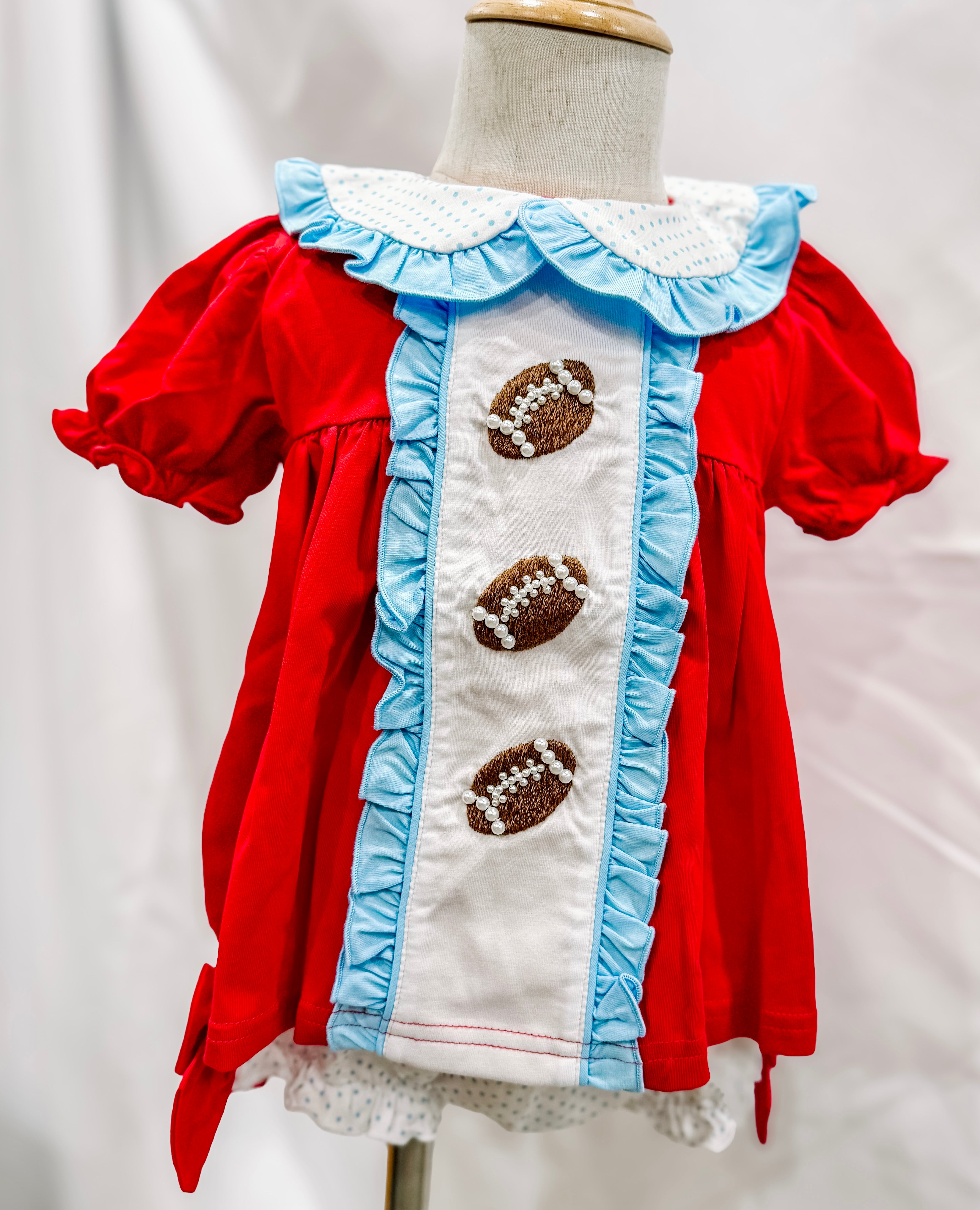 Red & Powder Blue Hand Embroidered Pearl Footballs Bloomer Set