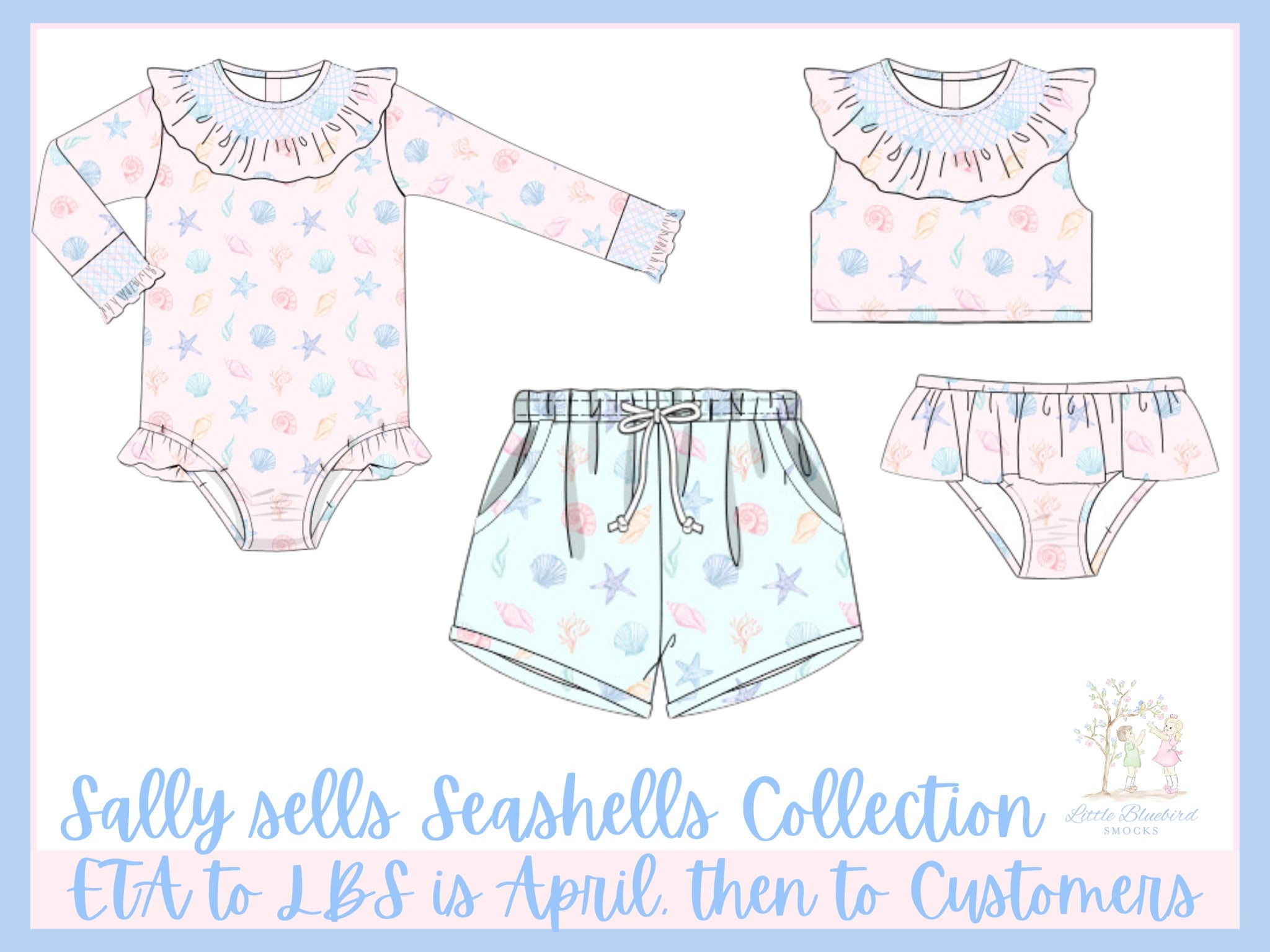 PRE ORDER Girls Sally Sells Seashells Smocked Rashguard One Piece UPF 50+ | ETA to LBS: APRIL