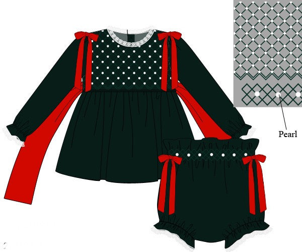 Girls Green Velvet Smocked Bloomer Set