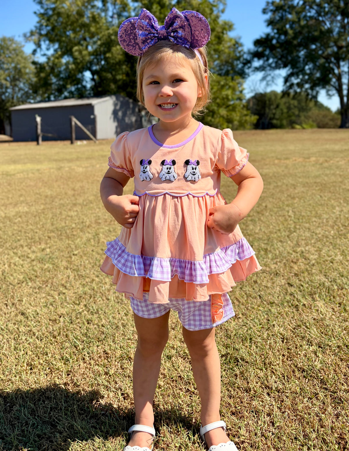 Girls French Knot Not So Spooky Mouse Ghost Ruffle Short Set