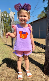 Girls Appliqué Jack-o’-lantern Mouse Ruffle Short Set