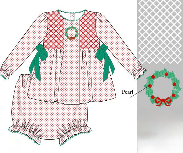 PRE ORDER Girls Smocked Christmas Wreath Heirloom Bloomer Set & Dress | ETA to LBS: OCTOBER