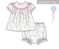Girls Smocked “Birthday Girl” Beary Sweet Birthday Bloomer Set & Dress