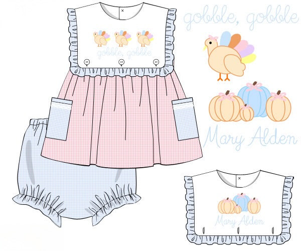 Girls Pumpkin and Turkey Exchangeable Bib Bloomer Set