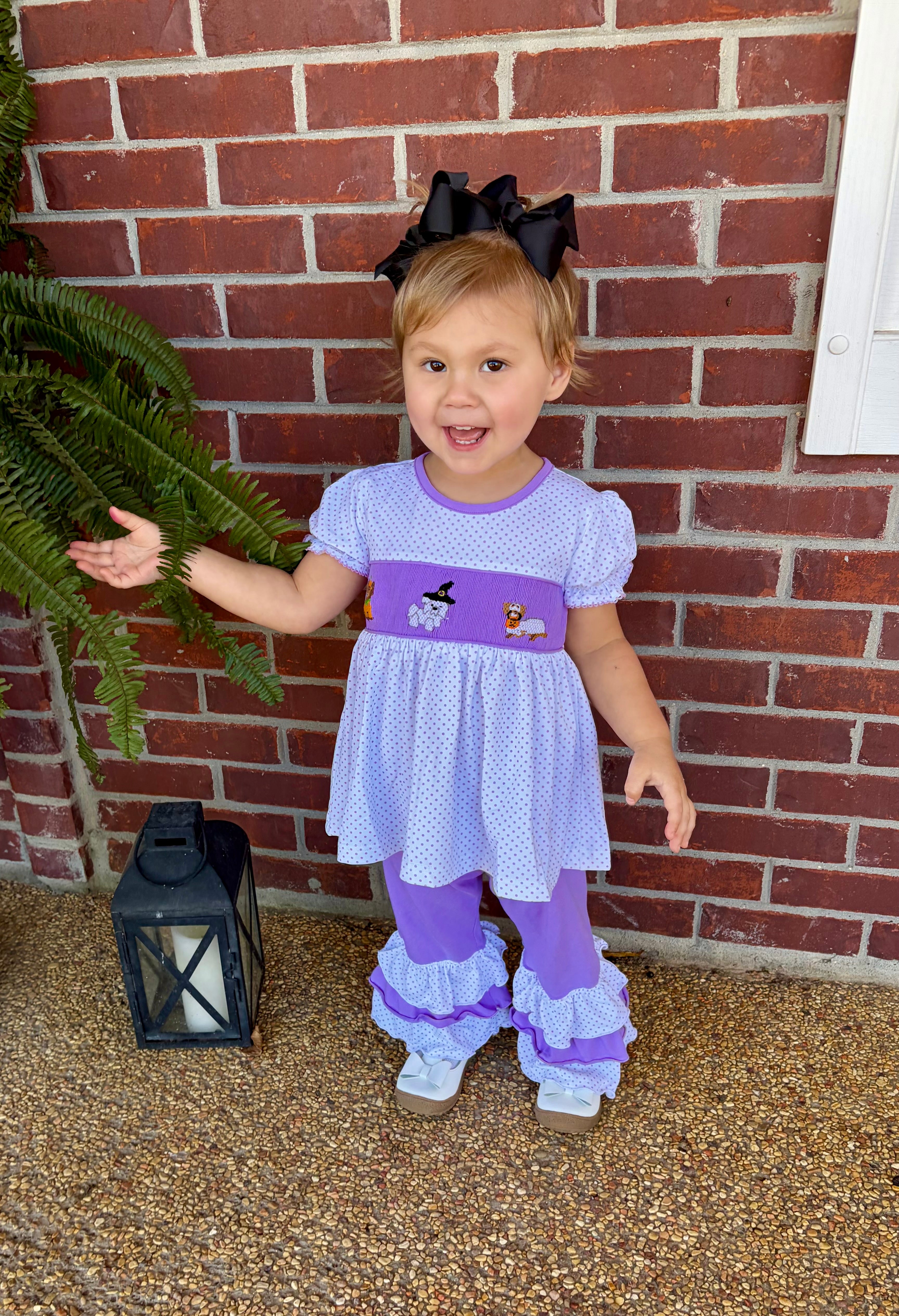 Girls Smocked Spooky Pups Ruffle Pants Set