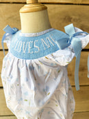 Girls “Jesus Loves Me” Smocked Blue Meadow Bubble
