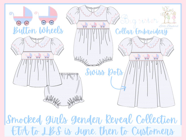 PRE ORDER Girls Smocked Swiss Dot Gender Reveal, Big Sister Bubble | ETA to LBS: JUNE