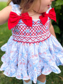 Girls Smocked Red, White, and Bows Bloomer Set