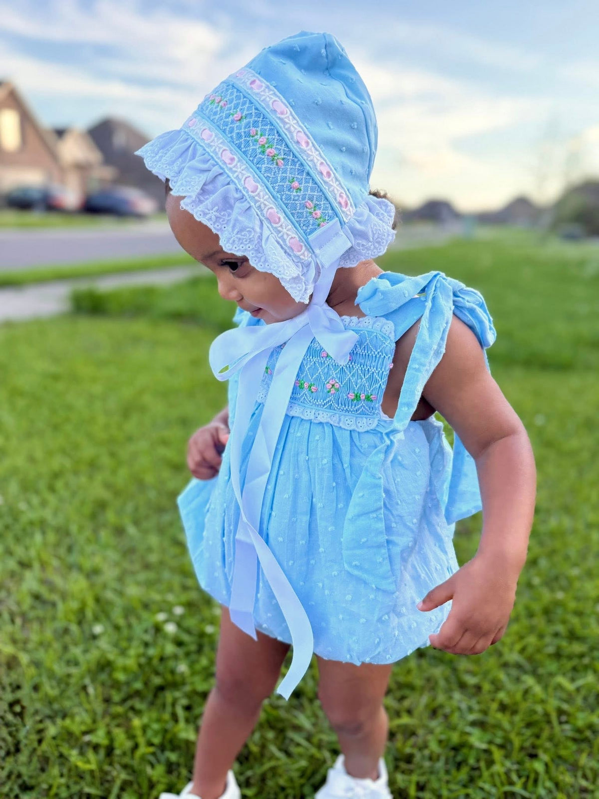 PRE ORDER Girls Blue Swiss Dot Smocked Bonnet| ETA to LBS: JANUARY