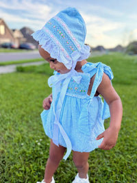 PRE ORDER Girls Blue Swiss Dot Smocked Bonnet| ETA to LBS: JANUARY