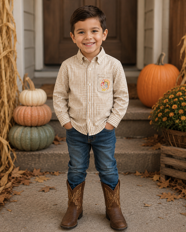 Boys Hand Embroidered Classic Turkey Button Down Shirt