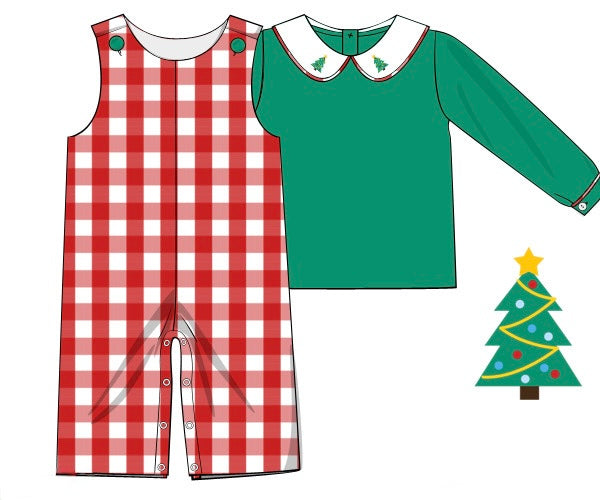 PRE ORDER Boys Red Plaid Hand Embroidered Christmas Tree Longall | ETA to LBS: OCTOBER