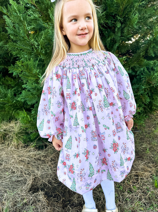 Girls Smocked Antique Print Christmas Dress