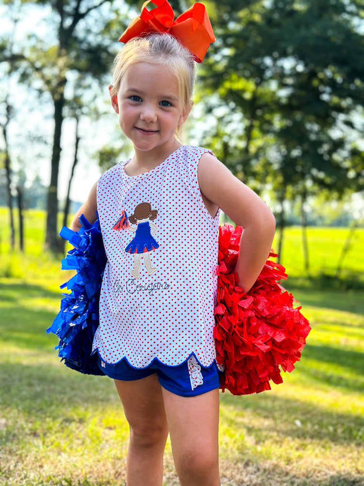 Girls Royal Blue and Orange Cheerleader Short Set (cheerleader only)