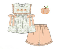 PRE ORDER Girls French Knot Toile Pumpkins Ruffle Short Set | ETA to LBS: SEPTEMBER