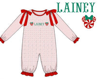 PRE ORDER Girls Custom French Knot Peppermint Mouse Long Romper | ETA to LBS: OCTOBER