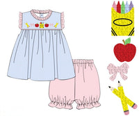 Girls French Knot School Supplies Bubble Bloomer Shorts Set