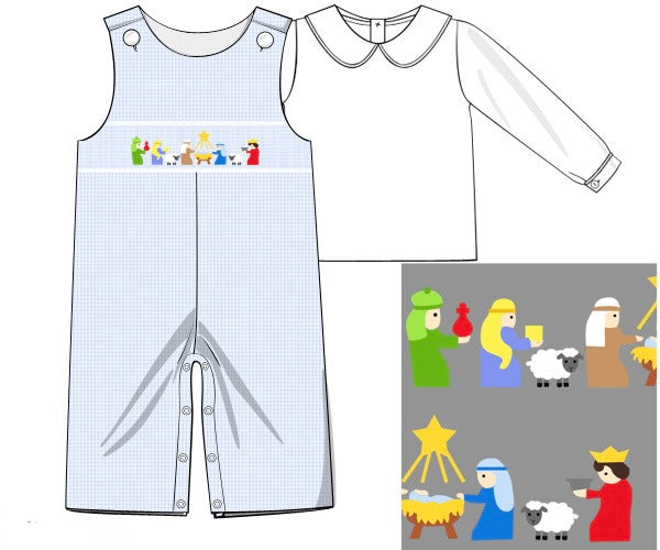 PRE ORDER Boys Smocked Away in a Manger Long Romper | ETA to LBS: OCTOBER