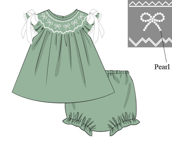 PRE ORDER Girls Sage Green Pearl Bow Bloomer Set & Dress | ETA to LBS: SEPTEMBER