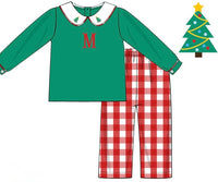 PRE ORDER Boys Red Plaid Hand Embroidered Christmas Trees Pant Set | ETA to LBS: OCTOBER