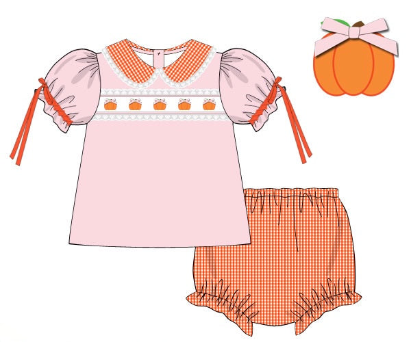 PRE ORDER Girls Smocked Pretty Pumpkins Bloomer Set & Dress | ETA to LBS: SEPTEMBER
