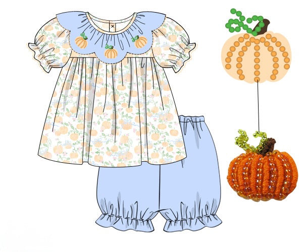 PRE ORDER Girls Embroidered and Beaded Pumpkins Bubble Bloomer Shorts Set | ETA to LBS: SEPTEMBER