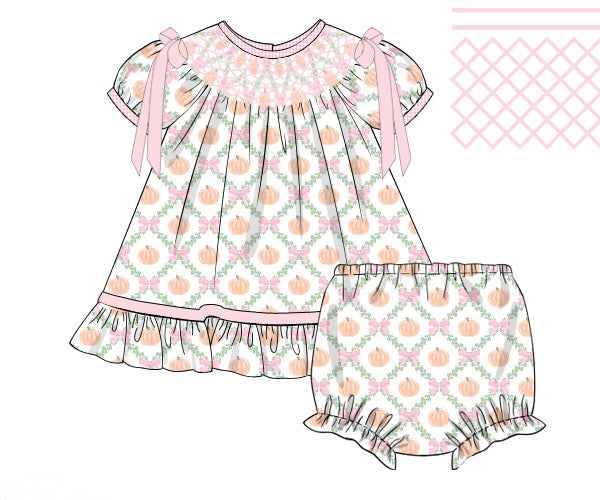 PRE ORDER Girls Smocked Pumpkin Trellis Bloomer Set & Dress | ETA to LBS: SEPTEMBER
