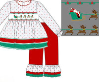 PRE ORDER Girls Smocked Here Comes Santa Claus Ruffle Pant Set | ETA to LBS: OCTOBER