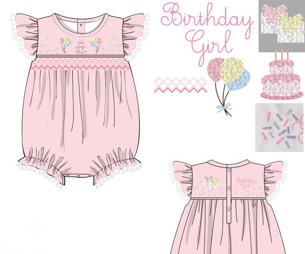 PRE ORDER Girls Smocked & French Knot Birthday Girl Bubble | ETA to LBS: JUNE