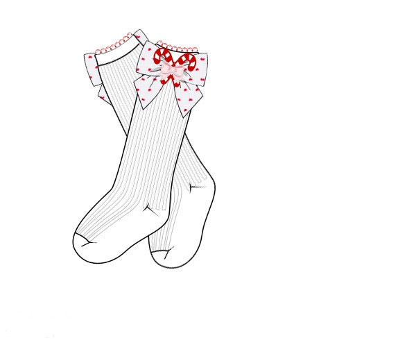 Girls Emboirdered Candy Cane Bow Knee High Socks