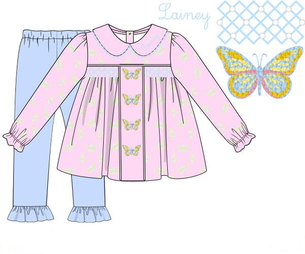 PRE ORDER Girls Smocked and French Knot Fluttering Butterflies Ruffle Legging Set | ETA to LBS: DECEMBER