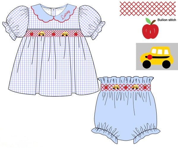 Girls Smocked Wheels on the Bus Bloomer Set & Dress