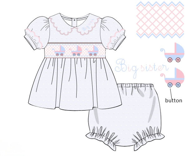 PRE ORDER Girls Smocked Swiss Dot Gender Reveal, Big Sister Bloomer Set & Dress | ETA to LBS: JUNE