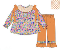 PRE ORDER Girls Smocked Southern Harvest Blooms Ruffle Pant Set | ETA to LBS: SEPTEMBER